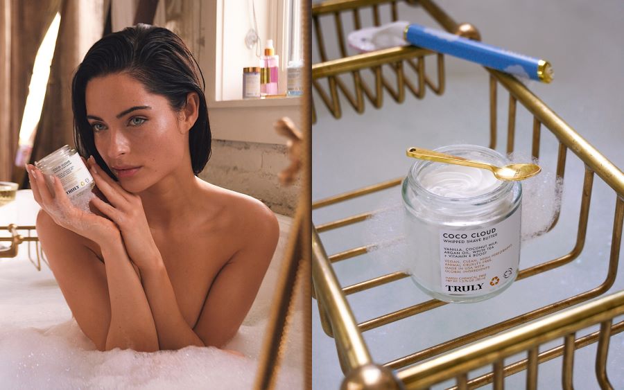 how to shave body hair | side by side image of woman holding coco cloud shave butter in bath and closeup of coco cloud shave butter