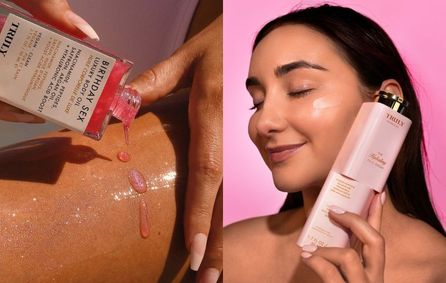 niacinamide vs hyaluronic acid | side by side image of woman's hands applying body shimmer oil to leg next to young woman with closed eyes holding pink bottle of serum with gold cap