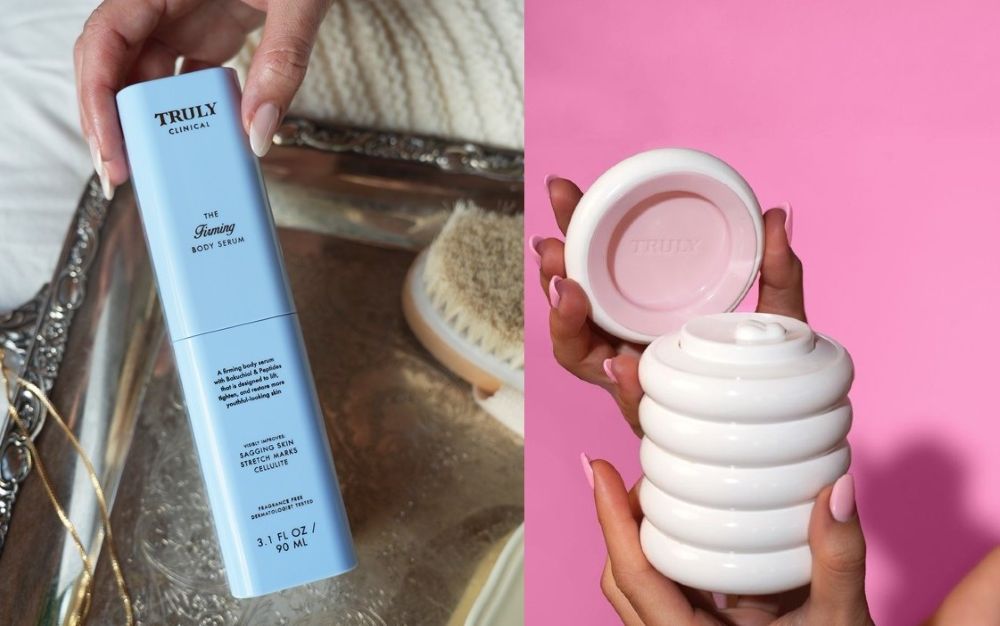 best peptides for skin | left: Blue bottle of Truly Clinical The Firming Body Serum on a silver tray, right: white, spiral-shaped jar of Truly product with pink background.