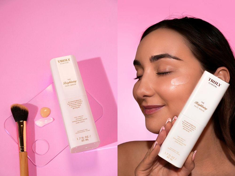 what does tranexamic acid do for skin | side by side image with left image showing makeup brush beside truly's the brightening face serum and right image showing female model with closed eyes holding truly's the brightening face serum beside cheek