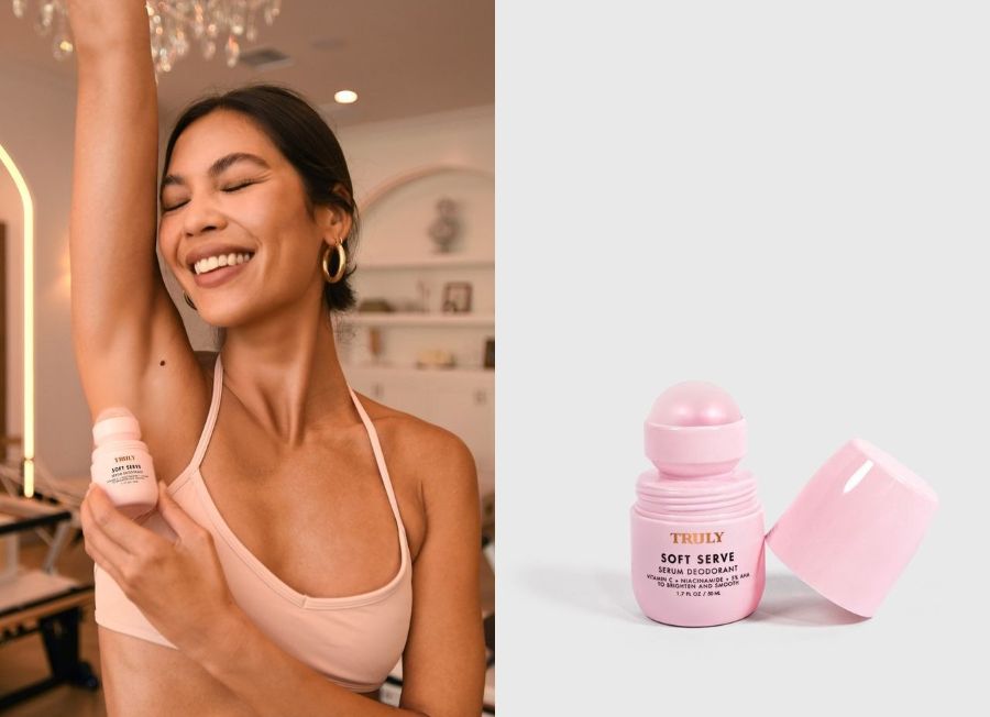 best aha deodorant | Left image shows woman in sports bra smiling, applying Truly's Soft Serve Serum Deodorant to underarm, right image shows studio image of Truly's soft serve deodorant with 5% AHA, vitamin c, and niacinamide 