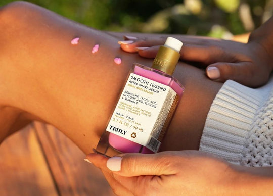 Benefits of Willow Bark Extract for Skin | side by side image with left image showing weeping willow tree by riverside and right image showing closeup of Truly's The Clearing Body Serum in front of woman's leg