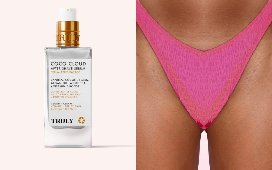 what to put on bikini line after shaving | side by side images of Truly's Coco Cloud After Shave Serum in glass bottle next to closeup of woman in pink bikini showcasing smooth bikini line