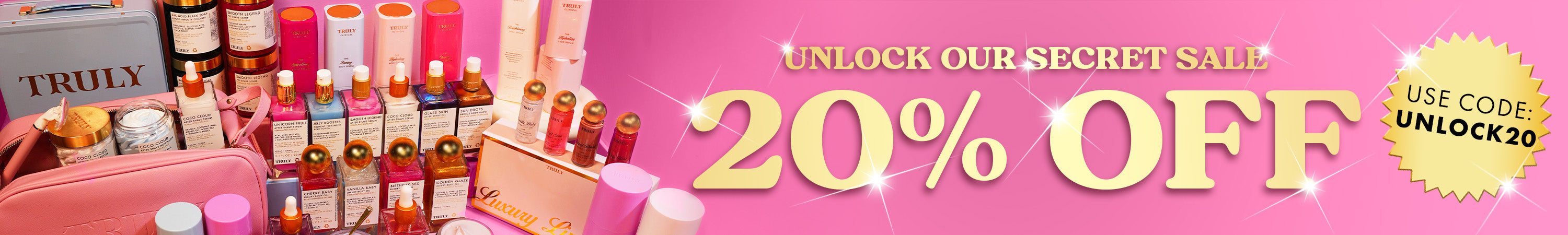 Beauty products and skincare items arranged next to text offering 20% OFF in large yellow letters, with a yellow badge displaying USE CODE: UNLOCK20 on a pink background.
