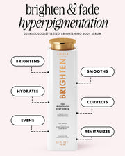 A white cylindrical body serum bottle with a gold cap labeled TRULY CLINICAL BRIGHTEN, surrounded by callout labels on a pale pink background. Text at the top reads 'brighten & fade hyperpigmentation' and lists benefits such as brightens, smooths, hydrates, corrects, evens, and revitalizes.