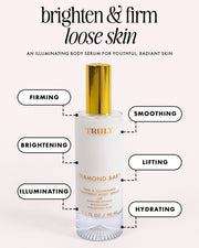 A bottle of Truly Beauty Diamond Baby Treatment Body Serum with a gold cap is shown, surrounded by text highlighting benefits: reduces wrinkles, firms, illuminates, smooths, lifts, and hydrates with diamond peptides.
