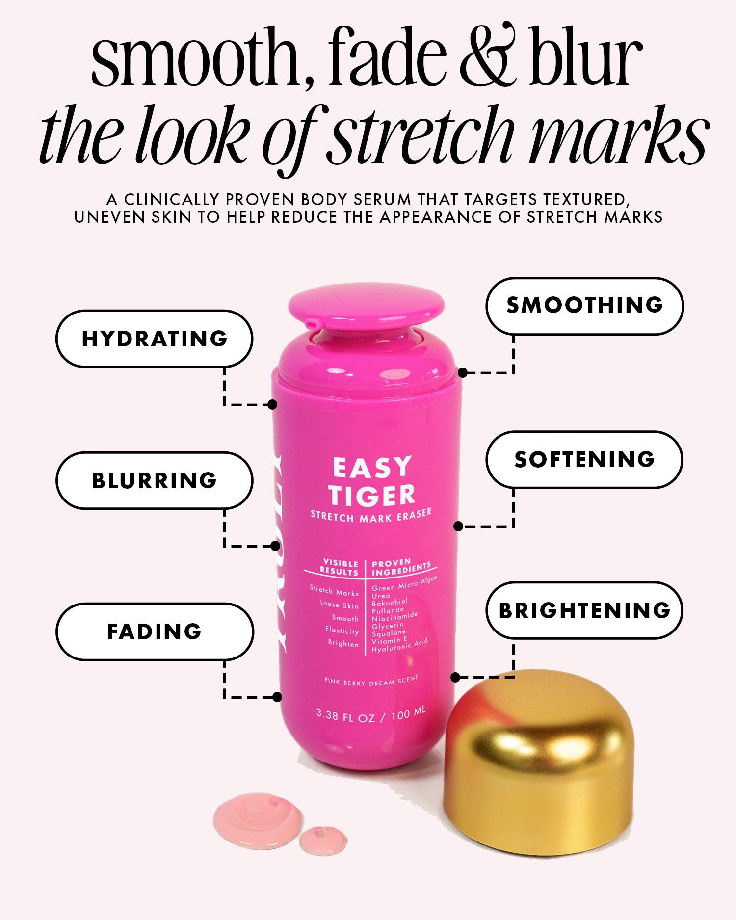 Pink bottle of Easy Tiger stretch mark serum with text describing its benefits on a white background