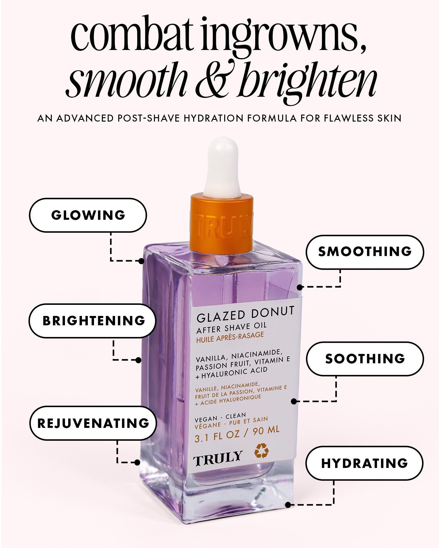 A dropper bottle of Truly Beauty’s Glazed Donut After Shave Oil is shown, with text noting its glowing, brightening, rejuvenating, smoothing, soothing, and hydrating benefits. This serum targets ingrown hairs and enhances post-shave hydration.