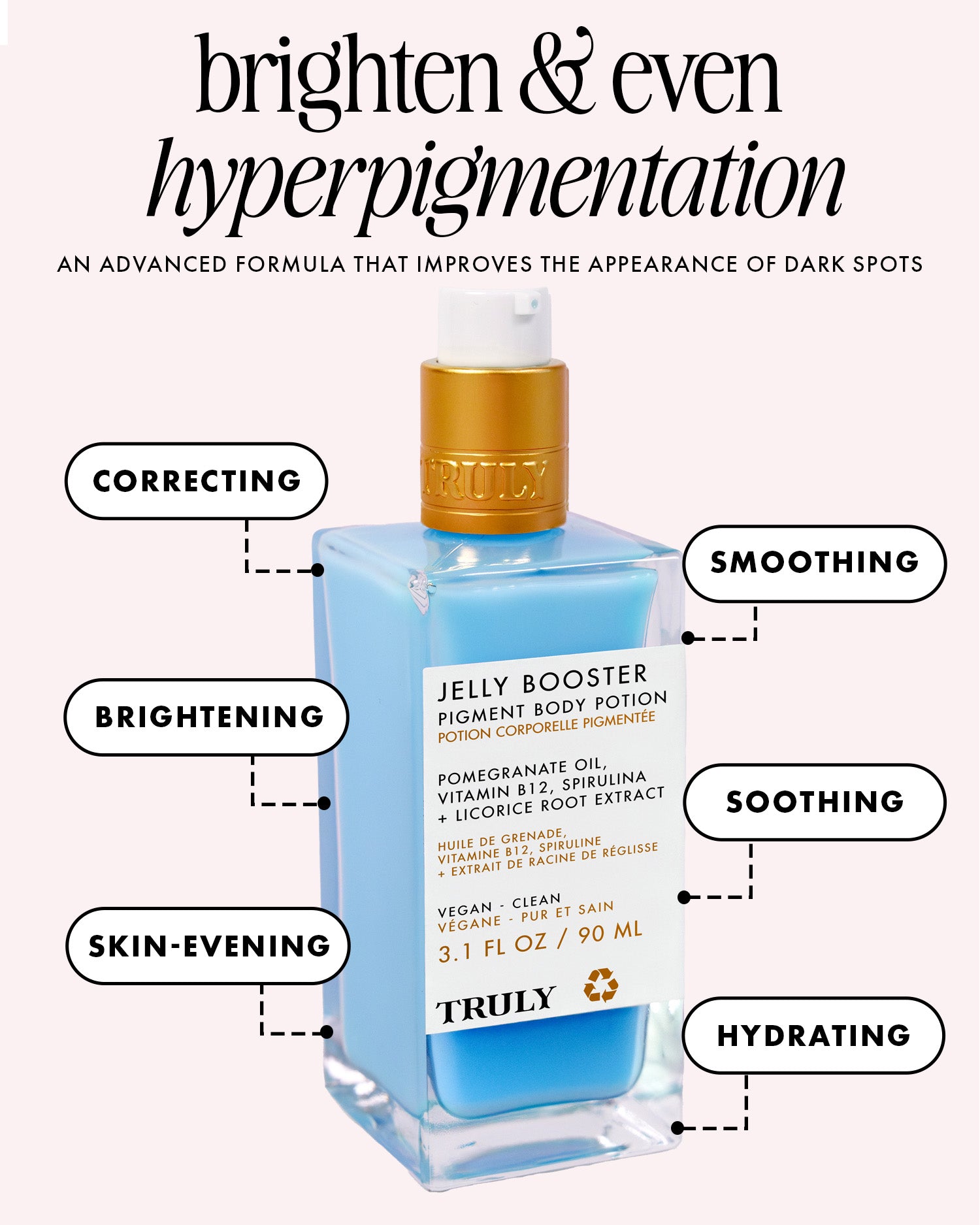 A blue bottle of Truly Beauty’s Jelly Booster Pigment Body Potion with gold accents is shown. This serum uses pomegranate extract to correct, brighten, even skin tone, smooth, soothe, and hydrate for clearer skin.