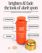 Orange bottle of Laser Spot dark spot treatment with text highlighting benefits on a white background