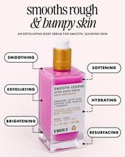 A pink bottle of Truly Beauty’s Smooth Legend After Shave Serum with a gold pump is shown. Formulated with glycolic acid, it resurfaces and hydrates rough, bumpy skin—including Keratosis Pilaris or strawberry skin.