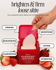 A red cosmetic jar labeled 'TRULY STRAWBERRY BLOSSOM' with a hand holding a spatula above it, surrounded by strawberries and text callouts for firming, smoothing, brightening, lifting, illuminating, and hydrating. Large headline text at the top reads 'brighten & firm loose skin'.