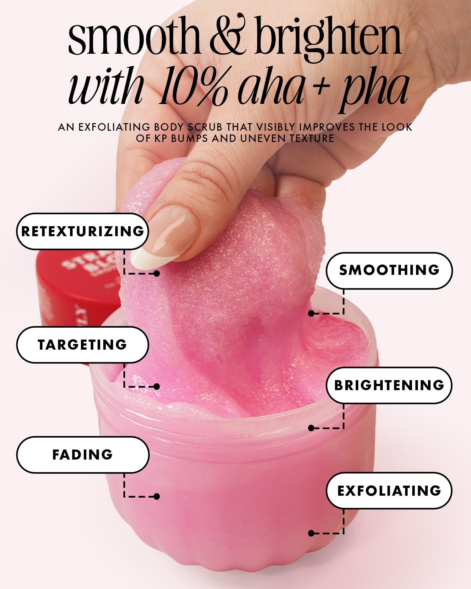 A hand scoops Truly Beauty’s Strawberry Blossoms Smoothing Body Scrub from a jar. Labels highlight the scrub’s benefits: retexturizing, targeting keratosis pilaris, fading, smoothing, brightening, and exfoliating. Text above spotlights its 10% PHA + AHA formula for smoother, brighter skin.