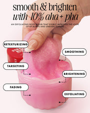 A hand scoops Truly Beauty’s Strawberry Blossoms Smoothing Body Scrub from a jar. Labels highlight the scrub’s benefits: retexturizing, targeting keratosis pilaris, fading, smoothing, brightening, and exfoliating. Text above spotlights its 10% PHA + AHA formula for smoother, brighter skin.