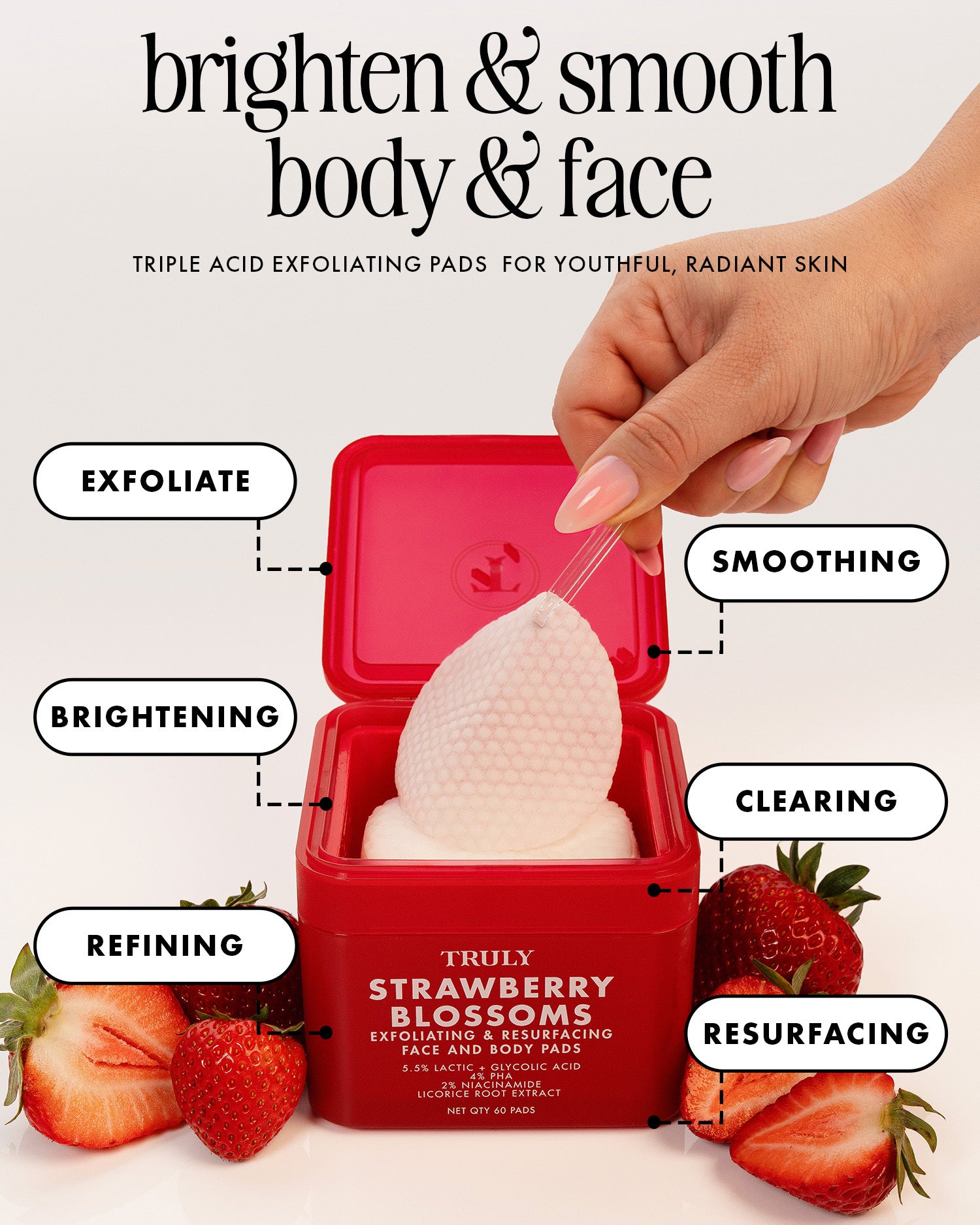 A hand peels a textured exfoliating pad from a red container labeled 'TRULY STRAWBERRY BLOSSOM'. The image features text callouts for 'EXFOLIATE', 'SMOOTHING', 'BRIGHTENING', 'CLEARING', 'REFINING', and 'RESURFACING', with fresh strawberries arranged at the base on a clean white background.