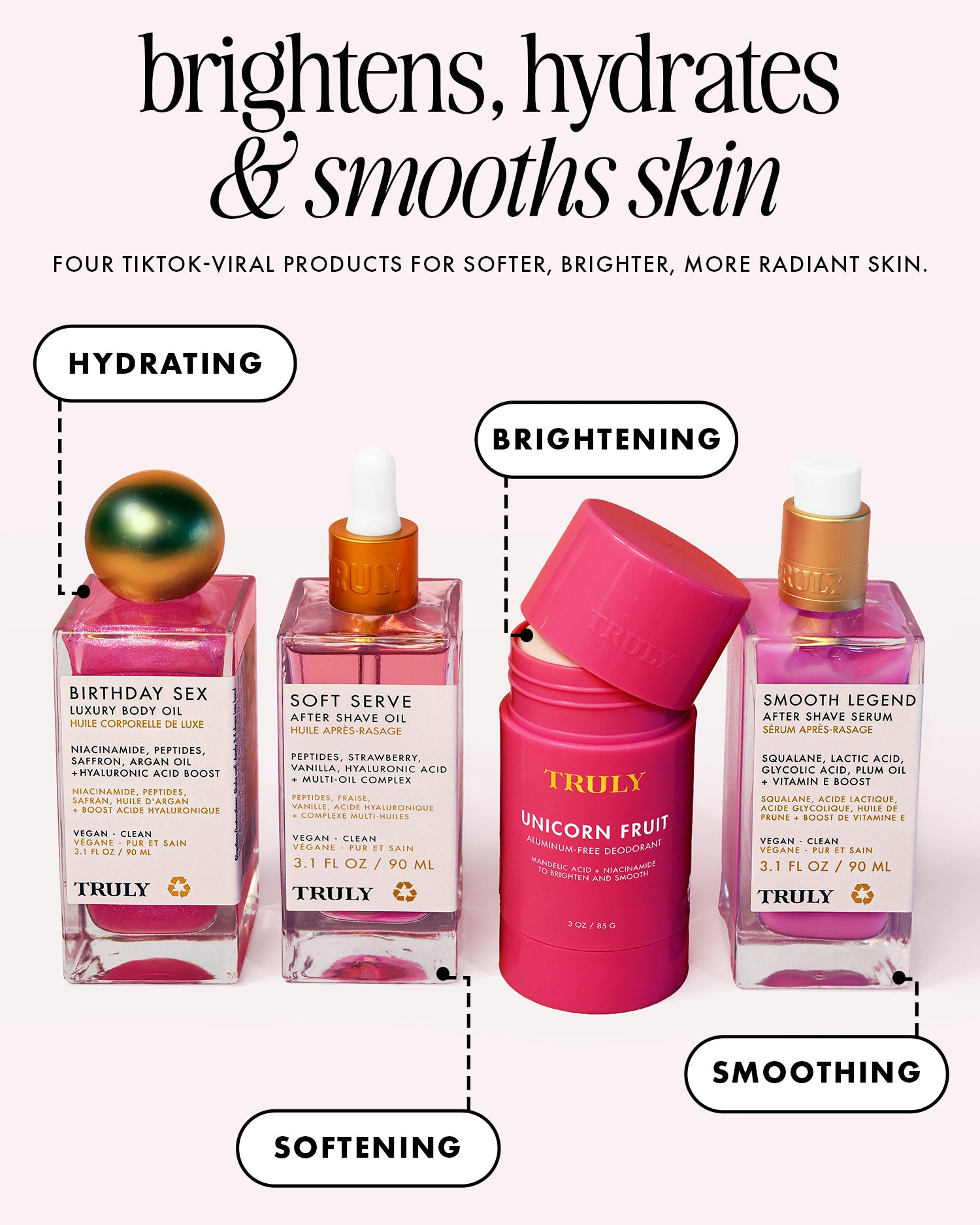 The Viral Edit by Truly Beauty features four pink skincare products labeled hydrating, brightening, softening, and smoothing, with glycolic acid and niacinamide to fade dark spots for softer, more radiant skin.