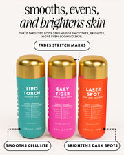 Truly Beauty Ultimate Body Sculpting Kit featuring three cylindrical body serum bottles in teal, pink, and orange, labeled Lipo Torch, Easy Tiger, and Laser Spot, under text describing benefits for cellulite, stretch marks, and skin brightening.