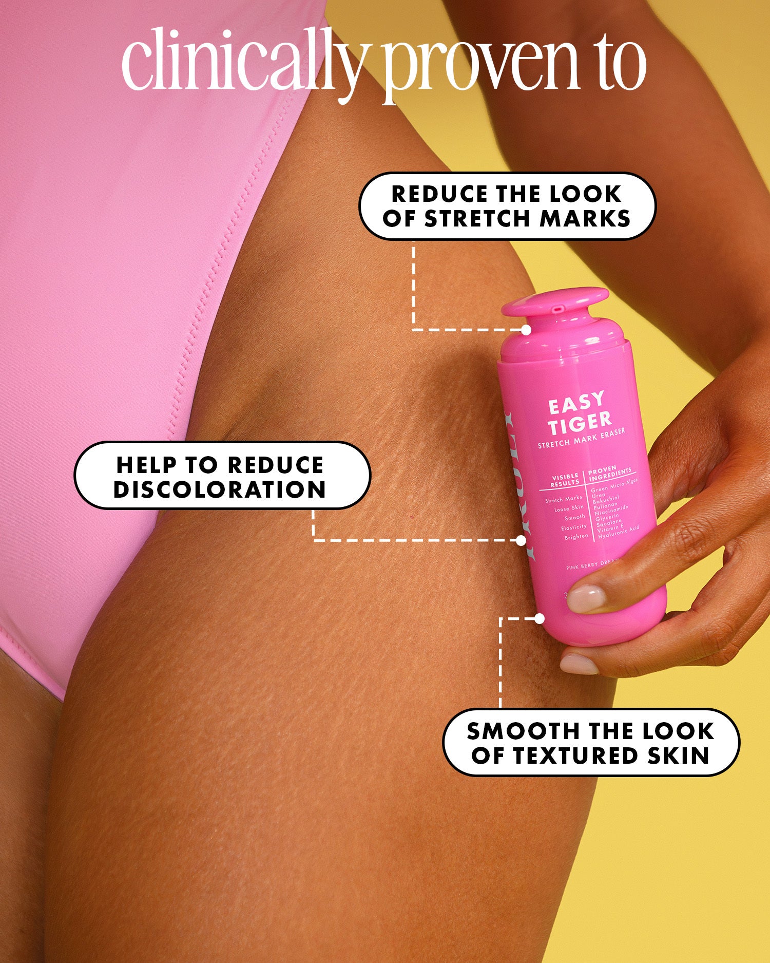 Person applying a pink bottle labeled 'Easy Tiger' to their skin with text highlighting product benefits on a yellow background.