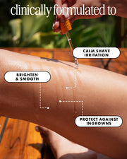 Outdoors, someone uses a dropper to apply Truly Beauty’s Glazed Donut After Shave Oil to their leg. Onscreen text highlights brighten & smooth, post-shave hydration, and ingrown hair protection. Greenery and wood appear in the background.