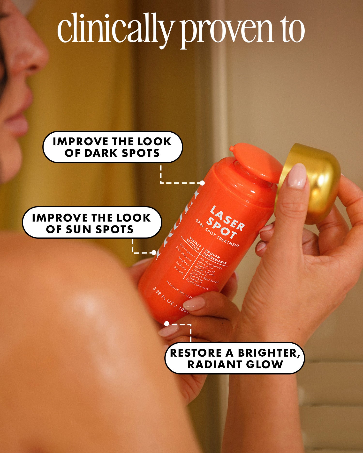 Person holding a skincare product labeled 'Laser Spot' with text about its benefits.