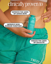 Person holding a bottle labeled 'Lipo Torch' with text on skin improvement on a yellow background