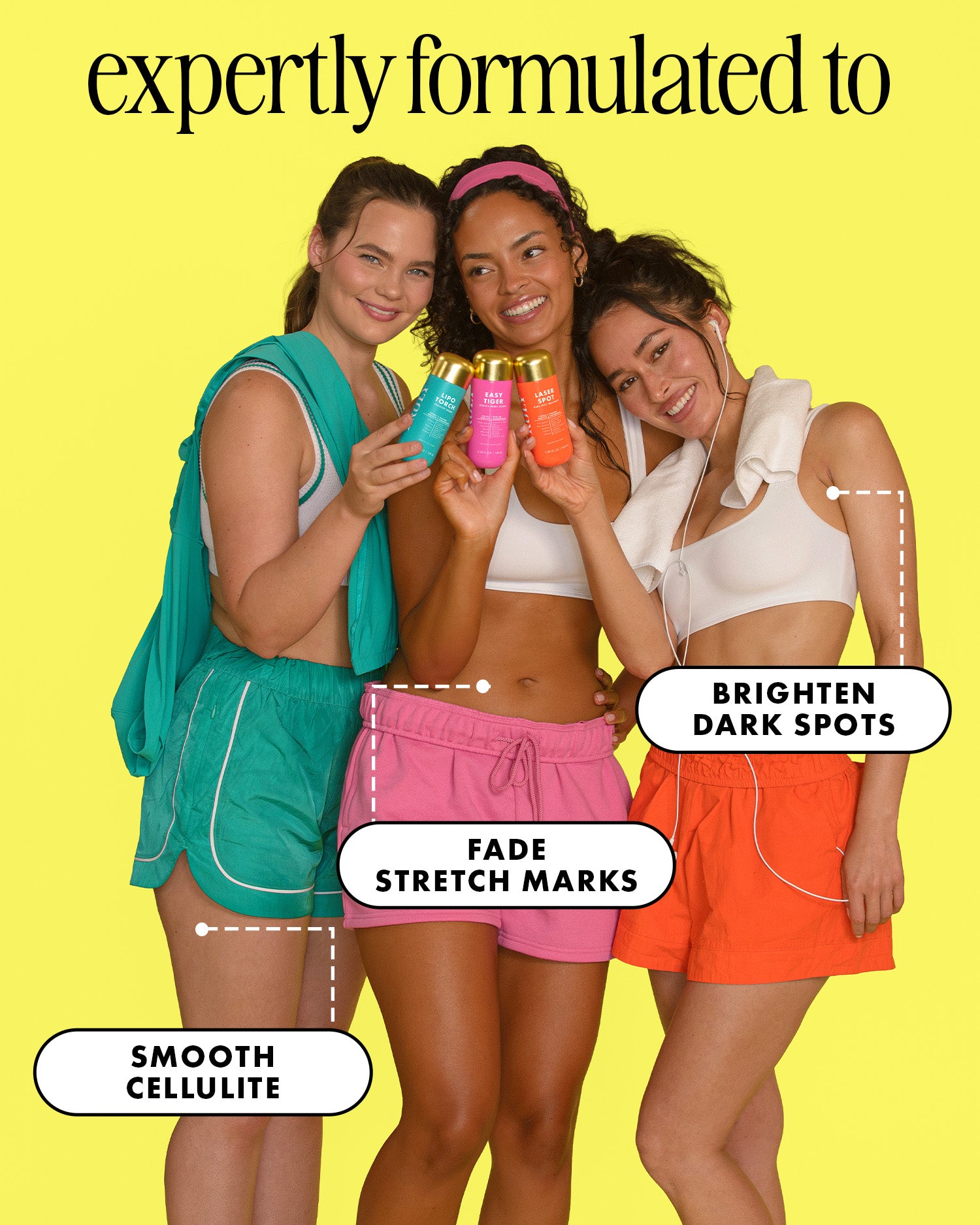 Three women in athletic wear hold colorful Truly Beauty Ultimate Body Sculpting Kit bottles with text bubbles highlighting benefits for smoothing cellulite and fading stretch marks.