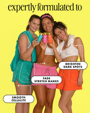 Three women in athletic wear hold colorful Truly Beauty Ultimate Body Sculpting Kit bottles with text bubbles highlighting benefits for smoothing cellulite and fading stretch marks.