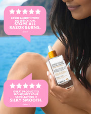 A woman holds a bottle of Truly Beauty's Coco Cloud After Shave Serum, known for its smooth, moisturizing feel. Pink review bubbles show 5-star ratings from Stacy and Carrie F. for ingrown hair treatment. Outdoor scenery is visible in the background.