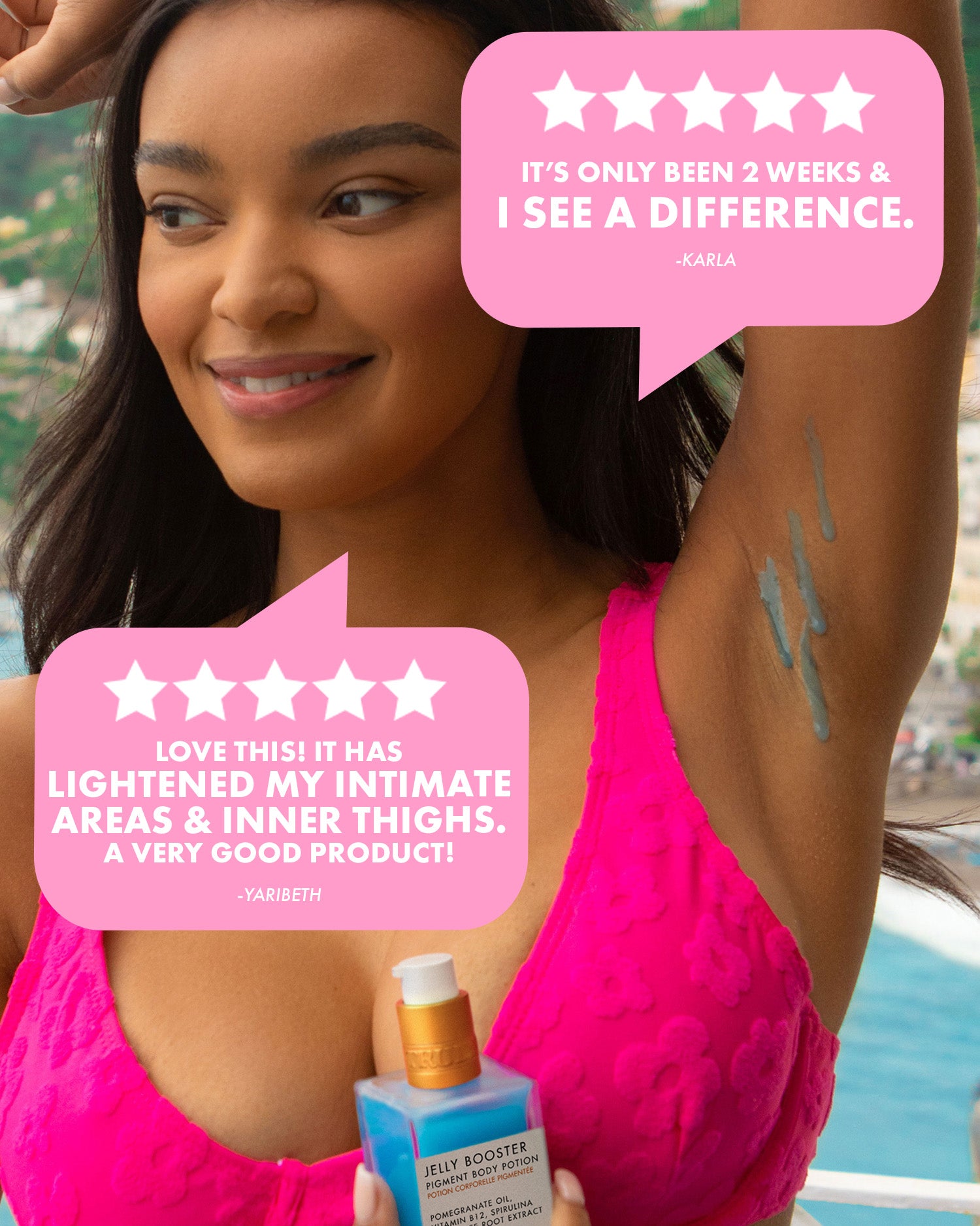 A woman in a pink top smiles, showing her armpit with Jelly Booster Pigment Body Potion by Truly Beauty applied. She holds the bottle as two reviews praise its visible results and effectiveness in lightening intimate areas.