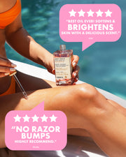 A woman in an orange bikini applies Truly Beauty's Soft Serve After Shave Oil by the pool. Two review bubbles praise it for softening skin and preventing razor bumps, calling it a must-have ingrown hair treatment.