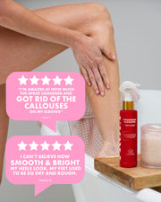 A person's leg and hand are shown while using a red spray bottle labeled Strawberry Exfoliator on their skin. The scene includes two pink quote bubbles with customer testimonials and a small jar on a wooden tray beside the bottle.