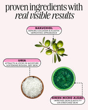 Product ingredients with Bakuchiol, Urea, and Green Micro Algae on a white background