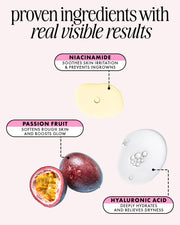 Infographic for Truly Beauty's Glazed Donut After Shave Oil showcasing proven ingredients (niacinamide, passion fruit, hyaluronic acid) and real visible results for post-shave dryness, plus their skincare benefits.