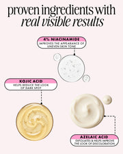 Cosmetic product with labeled ingredients and benefits on a white background