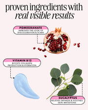Infographic featuring Jelly Booster Pigment Body Potion by Truly Beauty: pomegranate serum lightens hyperpigmentation and acne scars, vitamin B12 boosts collagen, and eucalyptus soothes skin irritations.