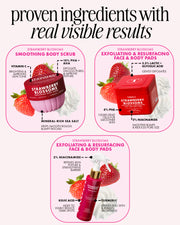 An infographic-style promotional graphic for a strawberry blossom skincare set, showing three product packages with illustrated strawberries and text callouts: a smoothing body scrub, an exfoliating face and body pad, and an exfoliating and resurfacing face and body pad. The layout uses pink rounded panels on a white background with the headline 'proven ingredients with real visible results.