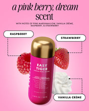 Pink bottle of Easy Tiger with raspberry, strawberry, and vanilla crème text on a pink background