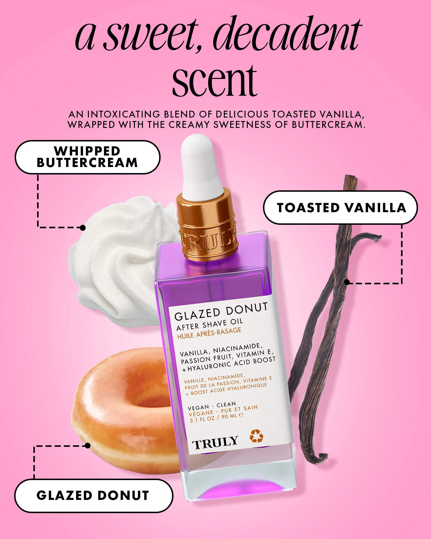 A bottle of Truly Beauty Glazed Donut After Shave Oil—ideal for post-shave hydration—sits among whipped buttercream, a glazed donut, and vanilla beans on a pink backdrop, with text highlighting its sweet, decadent scent.