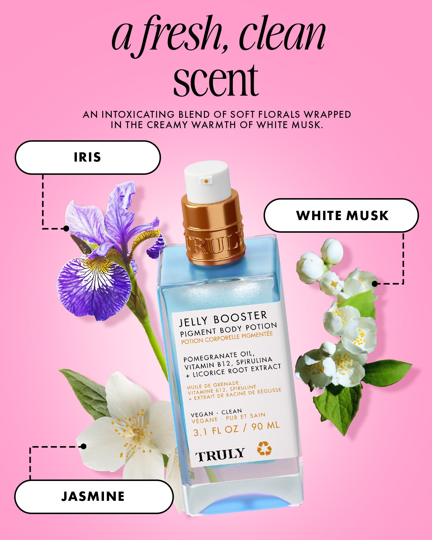 A bottle of Jelly Booster Pigment Body Potion by Truly Beauty sits among iris, jasmine, and white musk flowers, highlighting its fresh floral scent. With pomegranate extract, this gentle serum helps reduce hyperpigmentation for radiant skin.