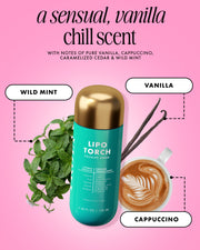Lipo Torch product with vanilla, wild mint, and cappuccino elements on a pink background