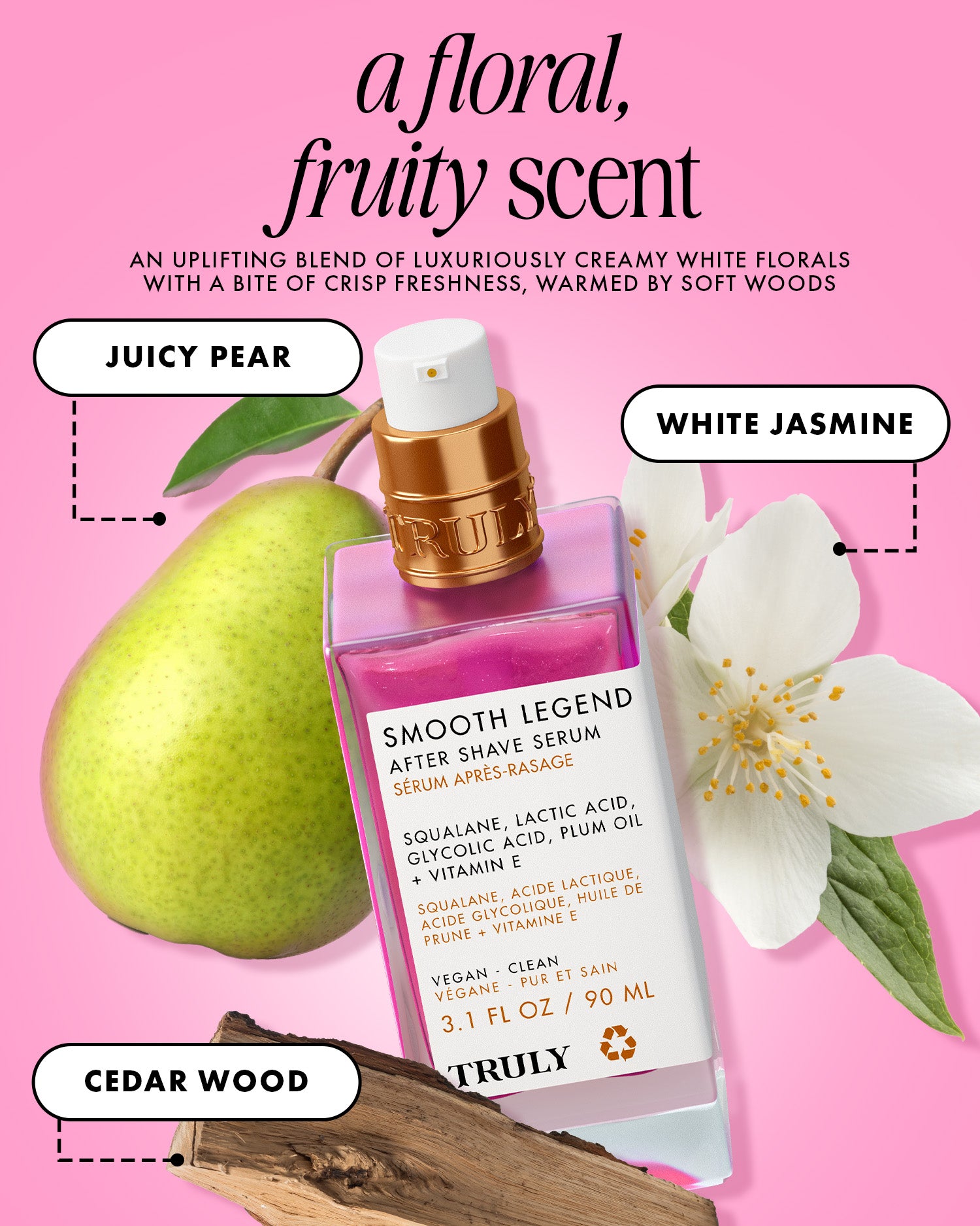 A bottle of Truly Beauty's Smooth Legend After Shave Serum sits amid illustrations of juicy pear, white jasmine, and cedarwood on a pink backdrop—your floral and fruity remedy for strawberry skin.