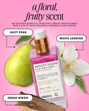 A bottle of Truly Beauty's Smooth Legend After Shave Serum sits amid illustrations of juicy pear, white jasmine, and cedarwood on a pink backdrop—your floral and fruity remedy for strawberry skin.
