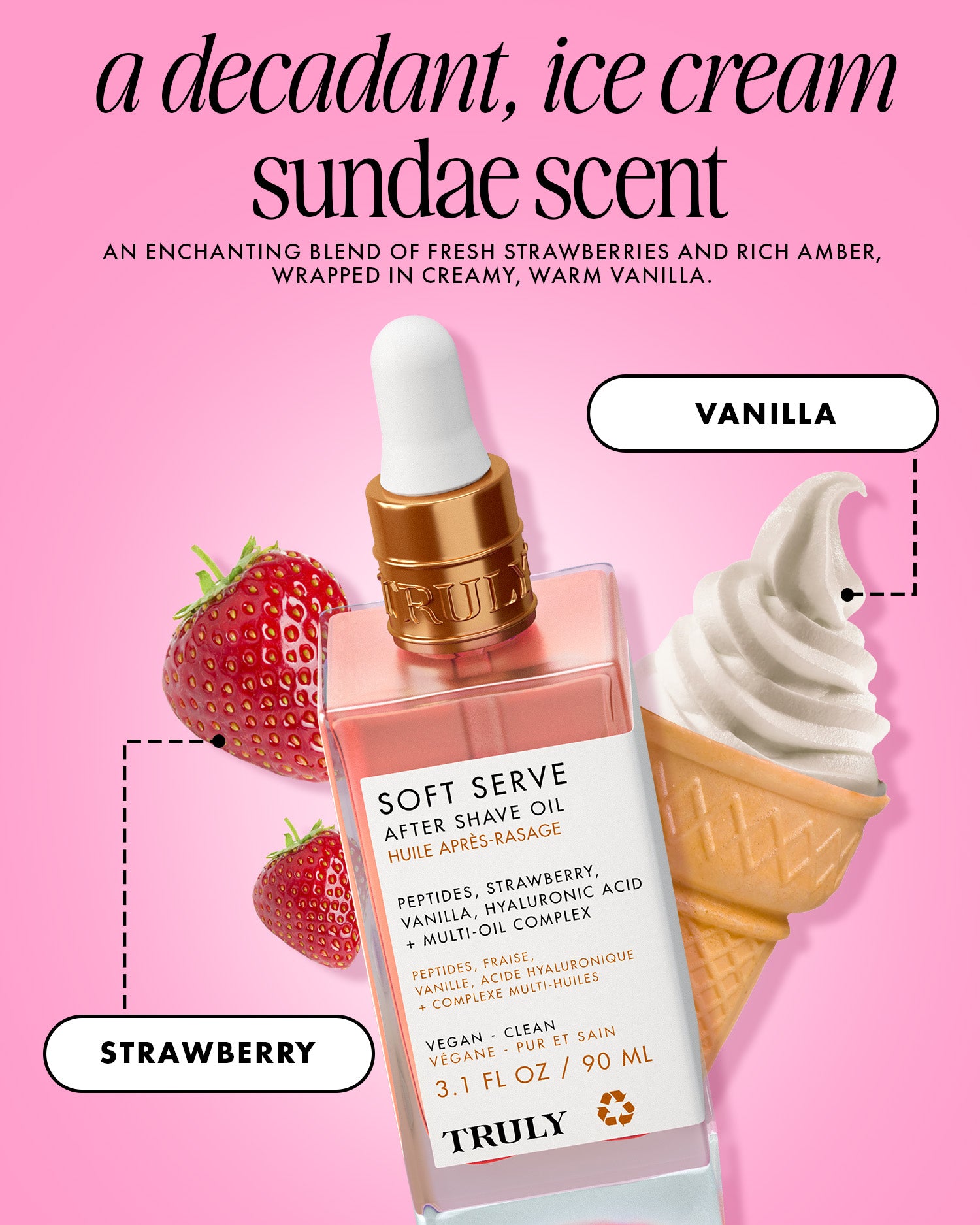 A bottle of Truly Beauty Soft Serve After Shave Oil sits among strawberries and a vanilla ice cream cone, with text highlighting its hydrating shave oil formula, key ingredients, and strawberry vanilla scent.
