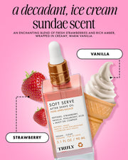 A bottle of Truly Beauty Soft Serve After Shave Oil sits among strawberries and a vanilla ice cream cone, with text highlighting its hydrating shave oil formula, key ingredients, and strawberry vanilla scent.