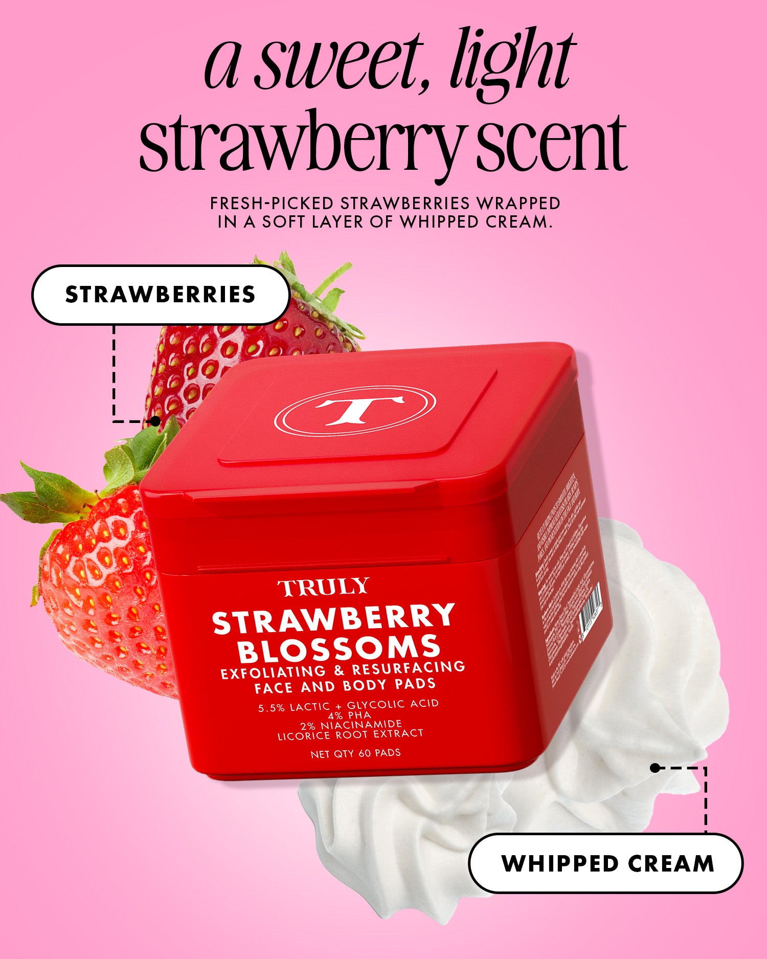 A red square cosmetic jar labeled 'TRULY Strawberry Blossoms' on a pink background, with illustrated strawberries and whipped cream and text describing the scent and ingredients.