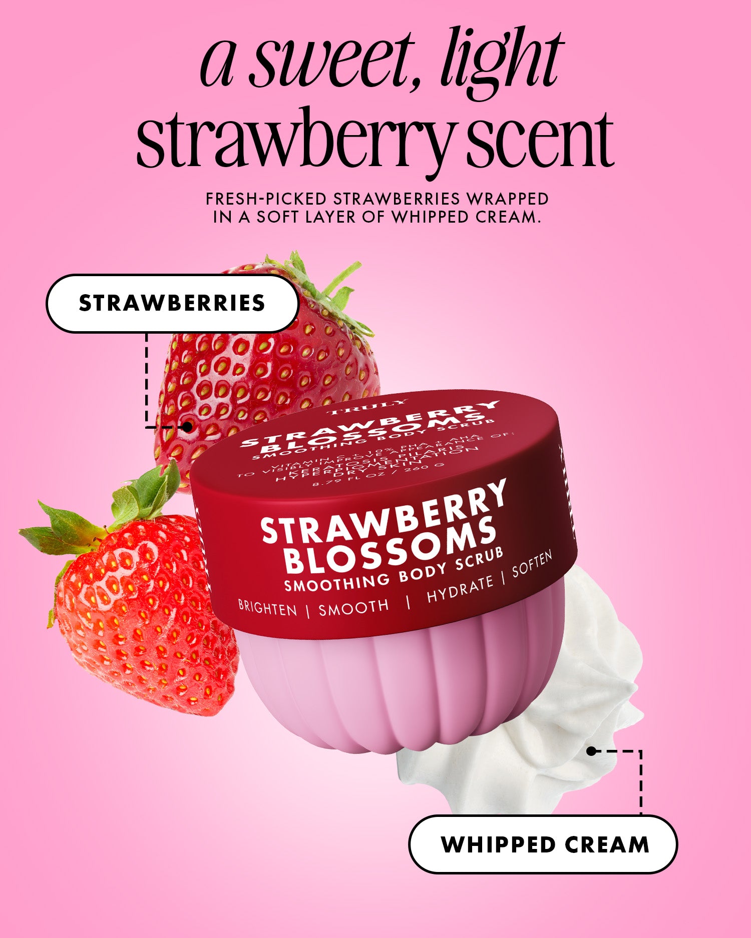 A pink promotional graphic for a strawberry-scented body scrub. A jar labeled 'Strawberry Blossoms' is shown with two strawberries and a swirl of whipped cream on a pink background.