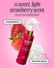 A pink spray bottle labeled Strawberry Blossoms with a white trigger top and gold collar, shown on a pink background with strawberry and whipped cream graphics and text describing the scent.