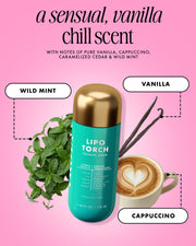 Lipo Torch product with vanilla, wild mint, and cappuccino elements on a pink background