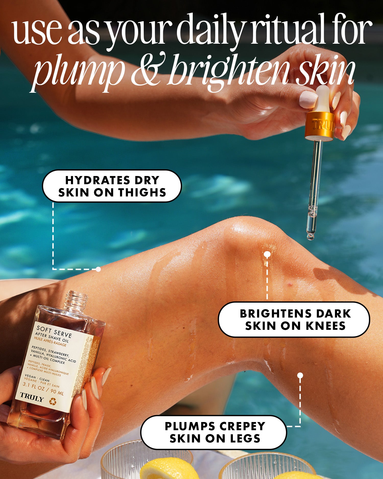 A hand applies Truly Beauty’s After Shave Oils Collection to a sunlit leg by the pool. Text highlights: hydrates dry skin on thighs, visibly brightens darkened knees, and plumps crepey skin on legs with this nourishing skincare product. Don’t miss our Limited-Time Offer—perfect for anyone seeking the After Shave Oils Collection with lasting hydration and radiant results.