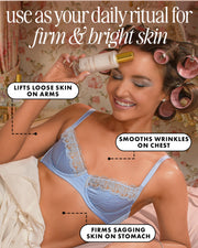 A smiling woman in a blue bra and hair rollers applies Truly Beauty's Diamond Baby Treatment Body Serum to her forehead. Text highlights anti-aging benefits: lifts loose arm skin, smooths chest wrinkles, and firms sagging stomach skin.